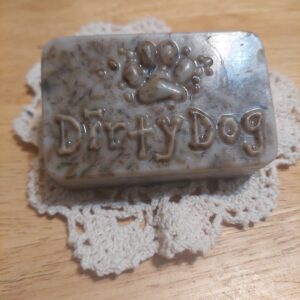 Dirty dog soap in lavender with lavender blossoms....